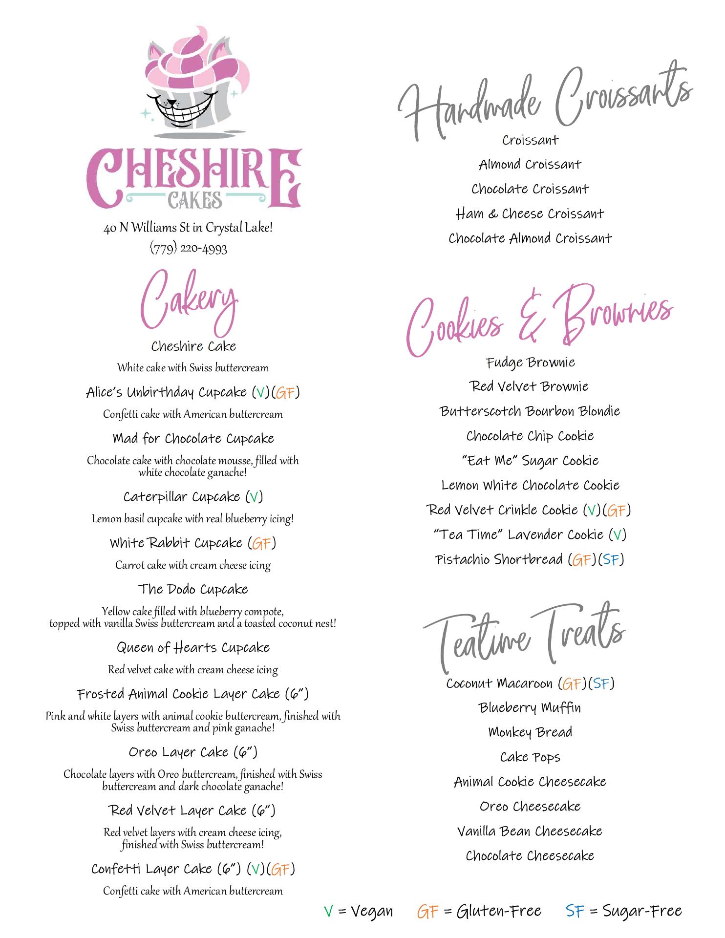 Cheshire Cakes Menu