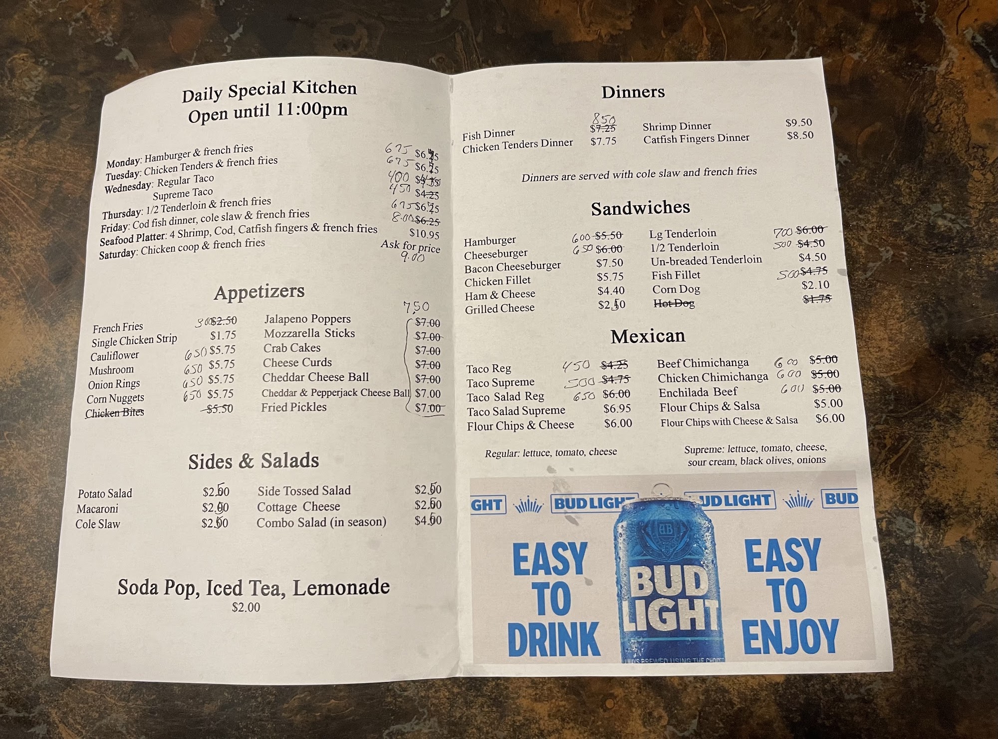 Broadway Tap Inc Menu