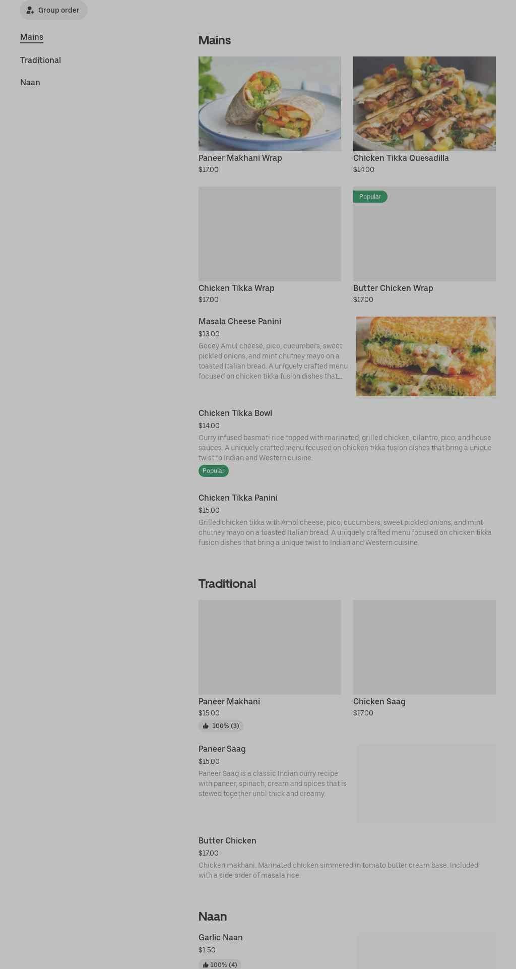 The Masala Order Menu