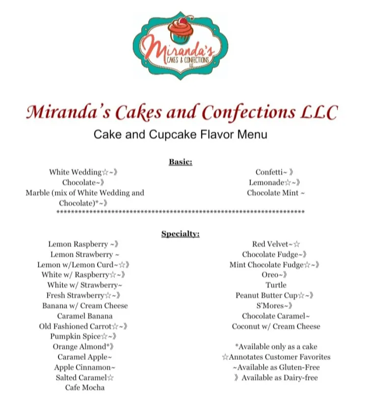 Miranda's Cakes and Confections LLC Menu