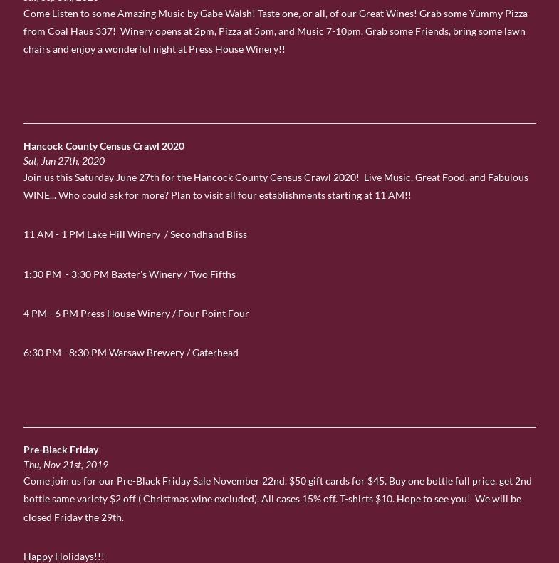 Press House Winery Menu