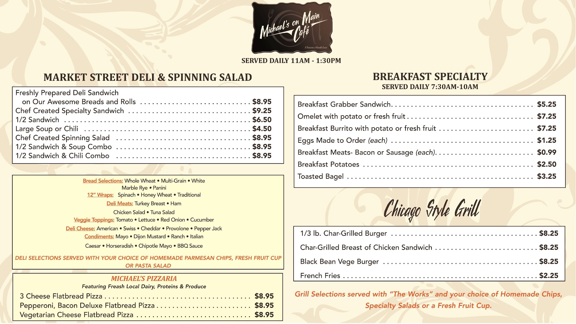Michaels on main Cafe Skokie Menu