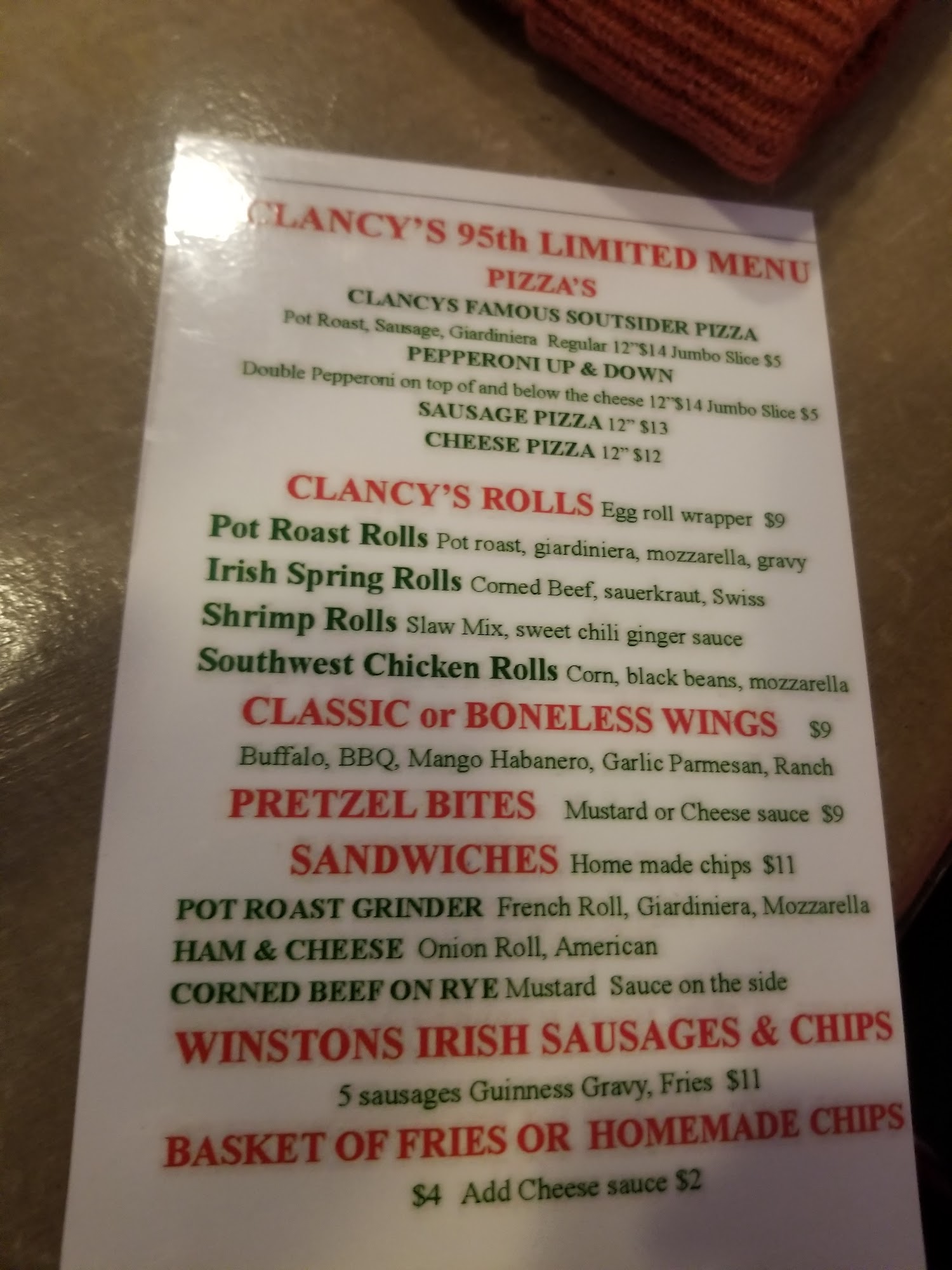 Clancys 95th Irish Tavern Menu