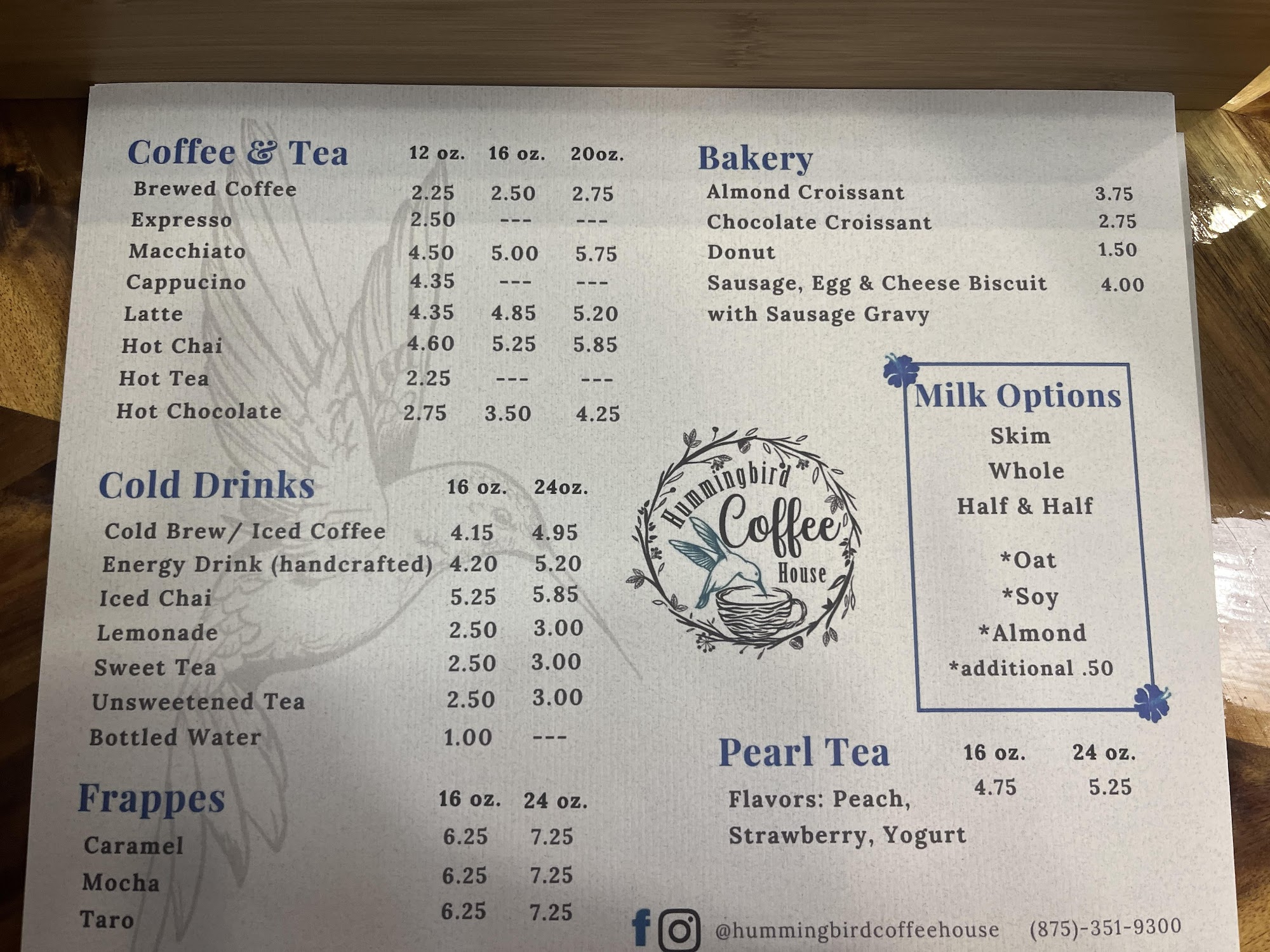 Hummingbird Coffee House Menu