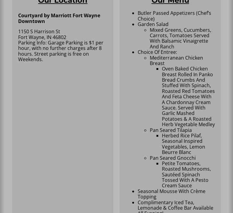 The Dinner Detective Murder Mystery Show - Fort Wayne, IN Menu