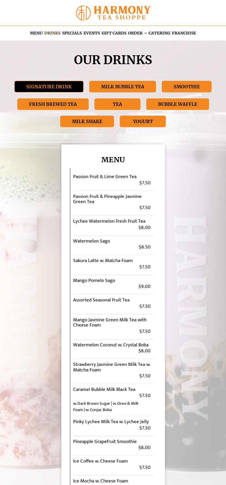Harmony Tea Shoppe Menu