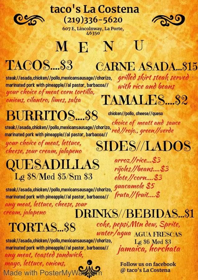 Taco’s La Costeña Menu