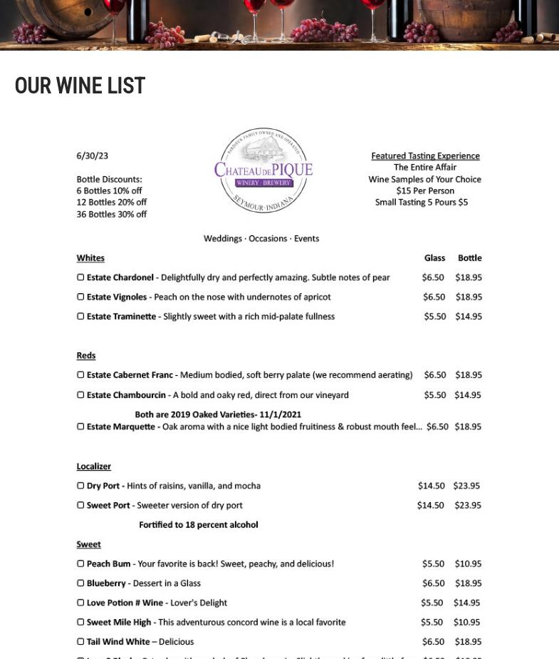 Chateau de Pique Winery - Brewery - Wedding Event Center Menu