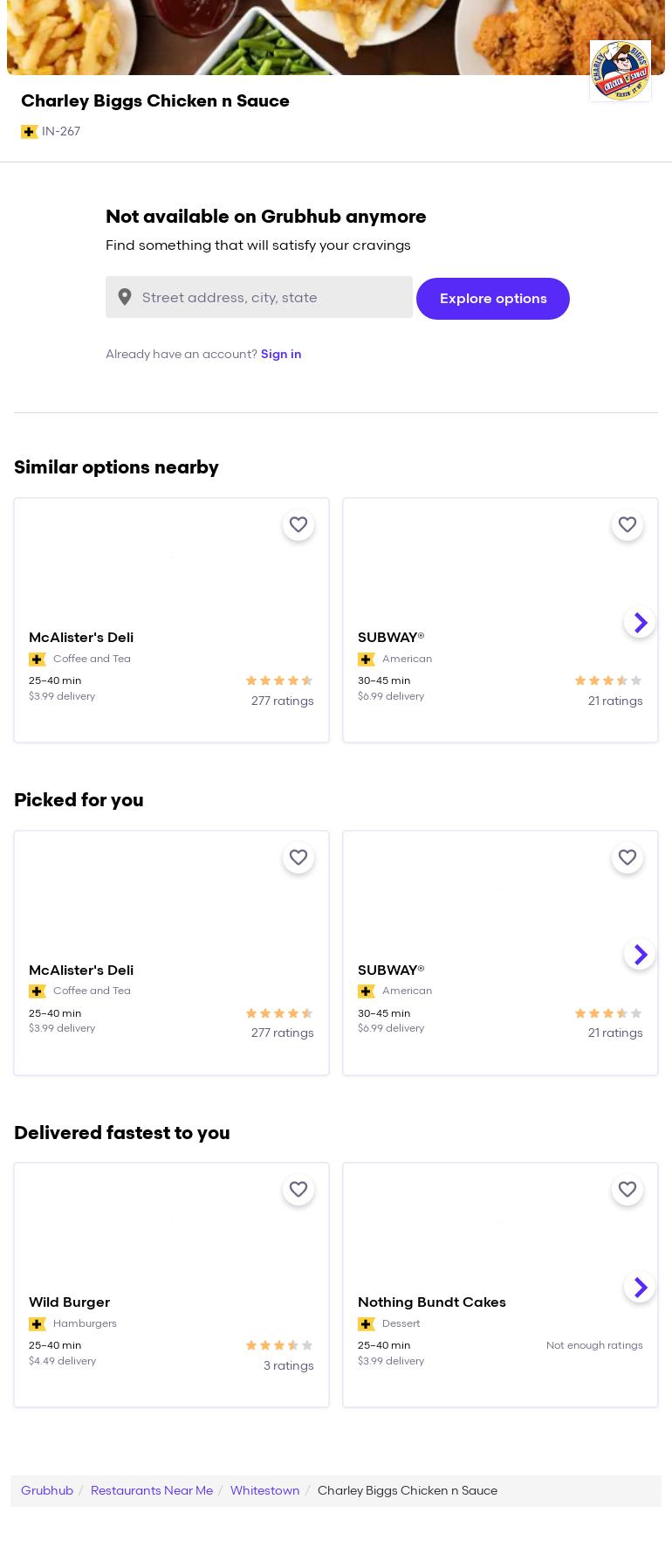 Charley Biggs chicken Menu