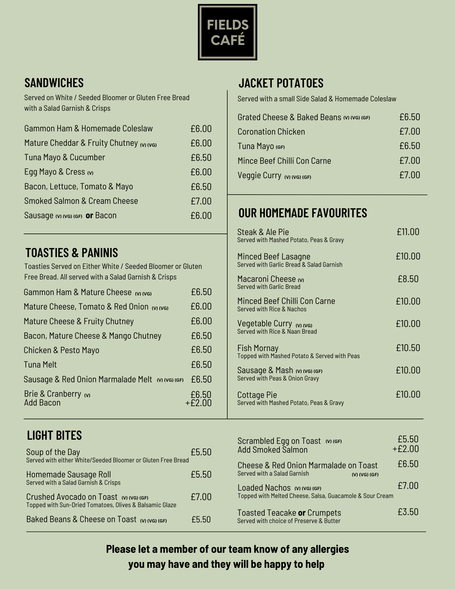 Fields Café Menu