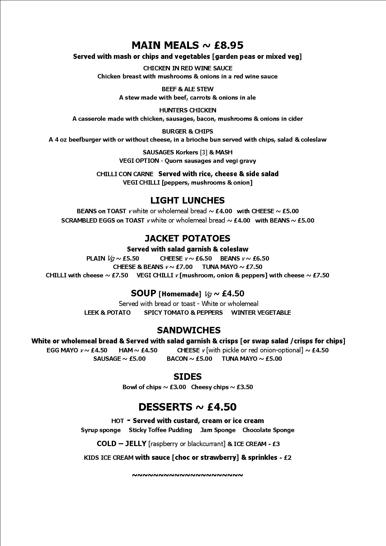 The Britannia Menu