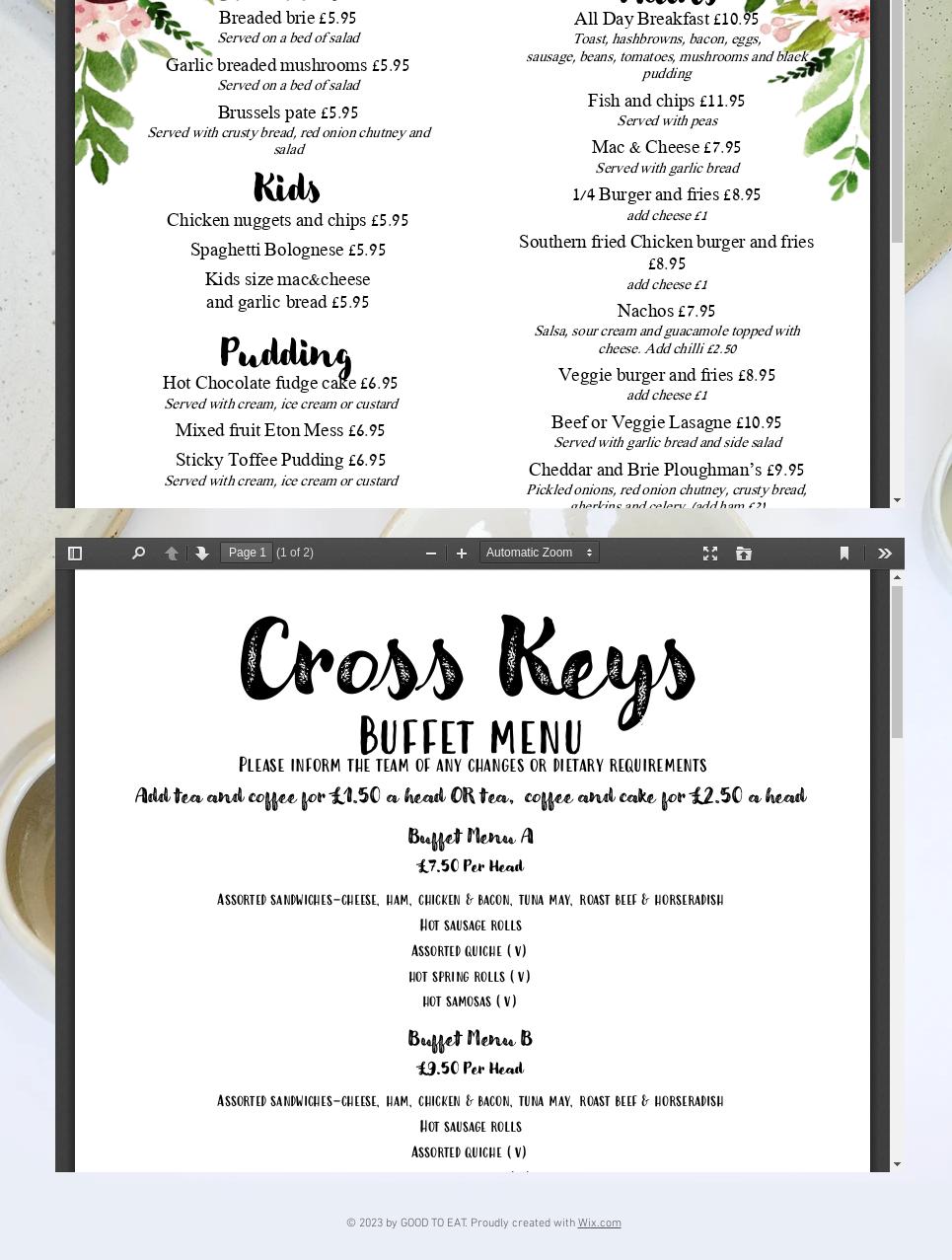 The Cross Keys Pub Menu