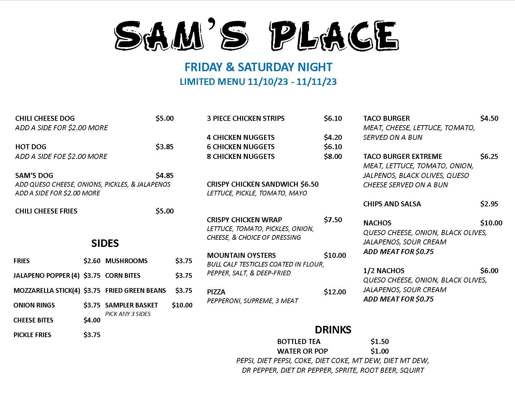 Sam's Place Menu