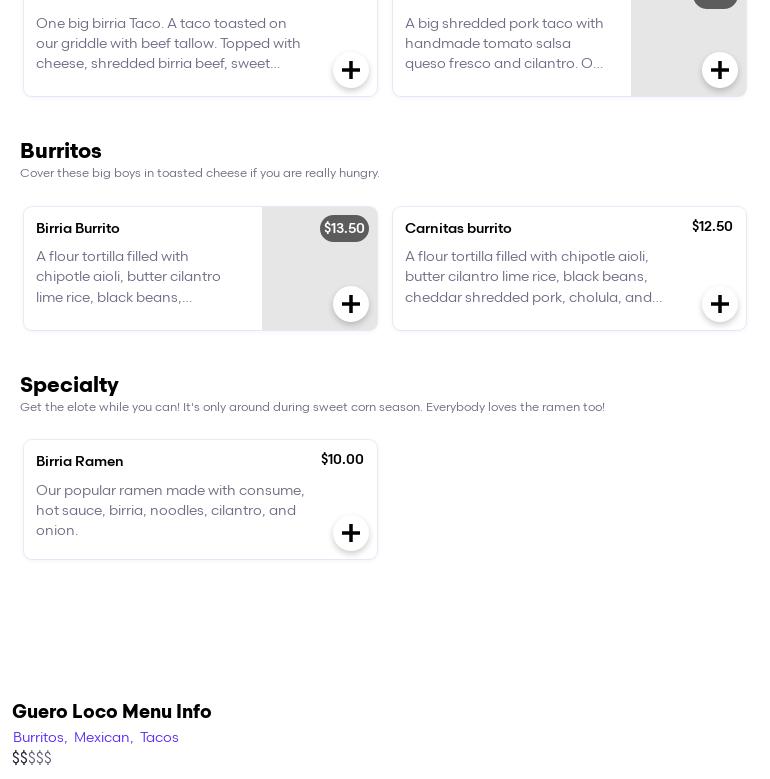 Guero Loco tamales and more Menu