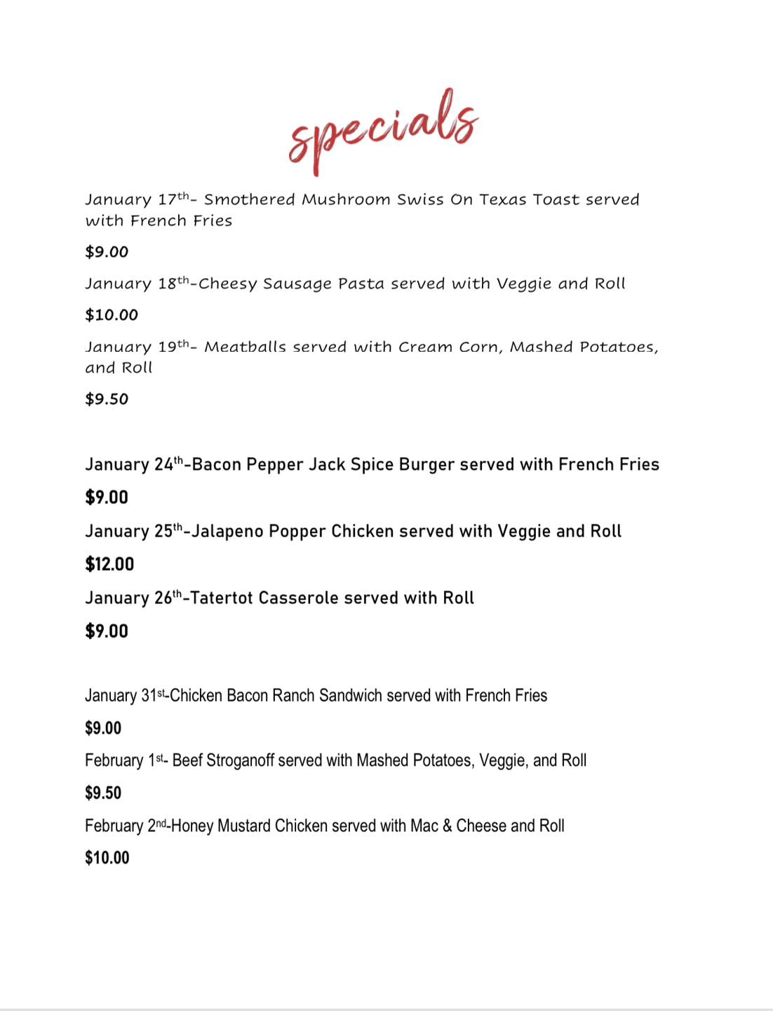 Fraternal Order of Eagles #3288 Menu