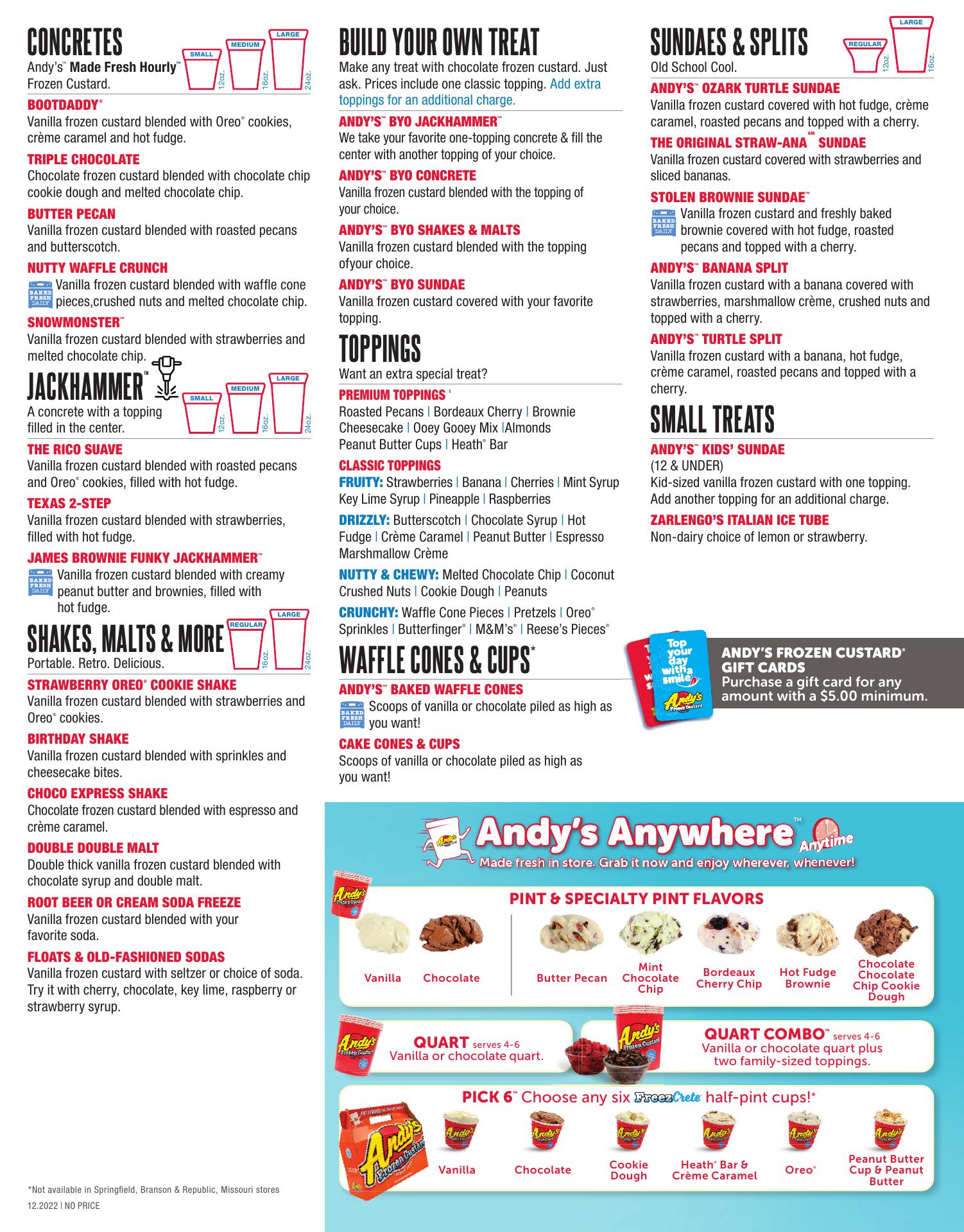 Andy's Frozen Custard Menu