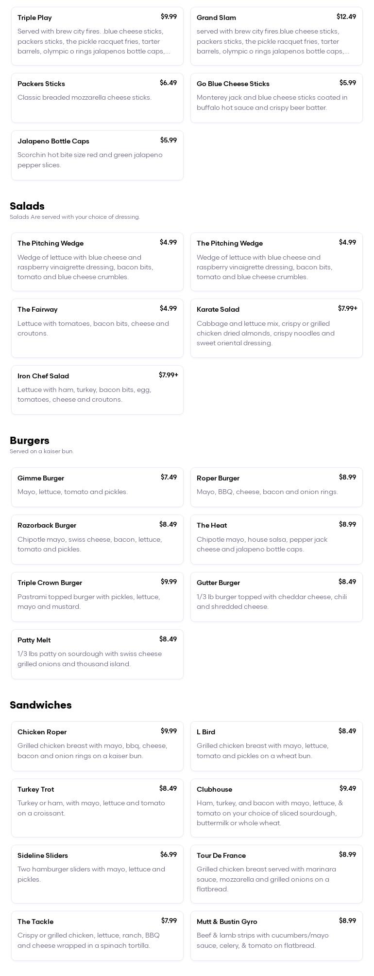 Bleachers Sports Bar Menu