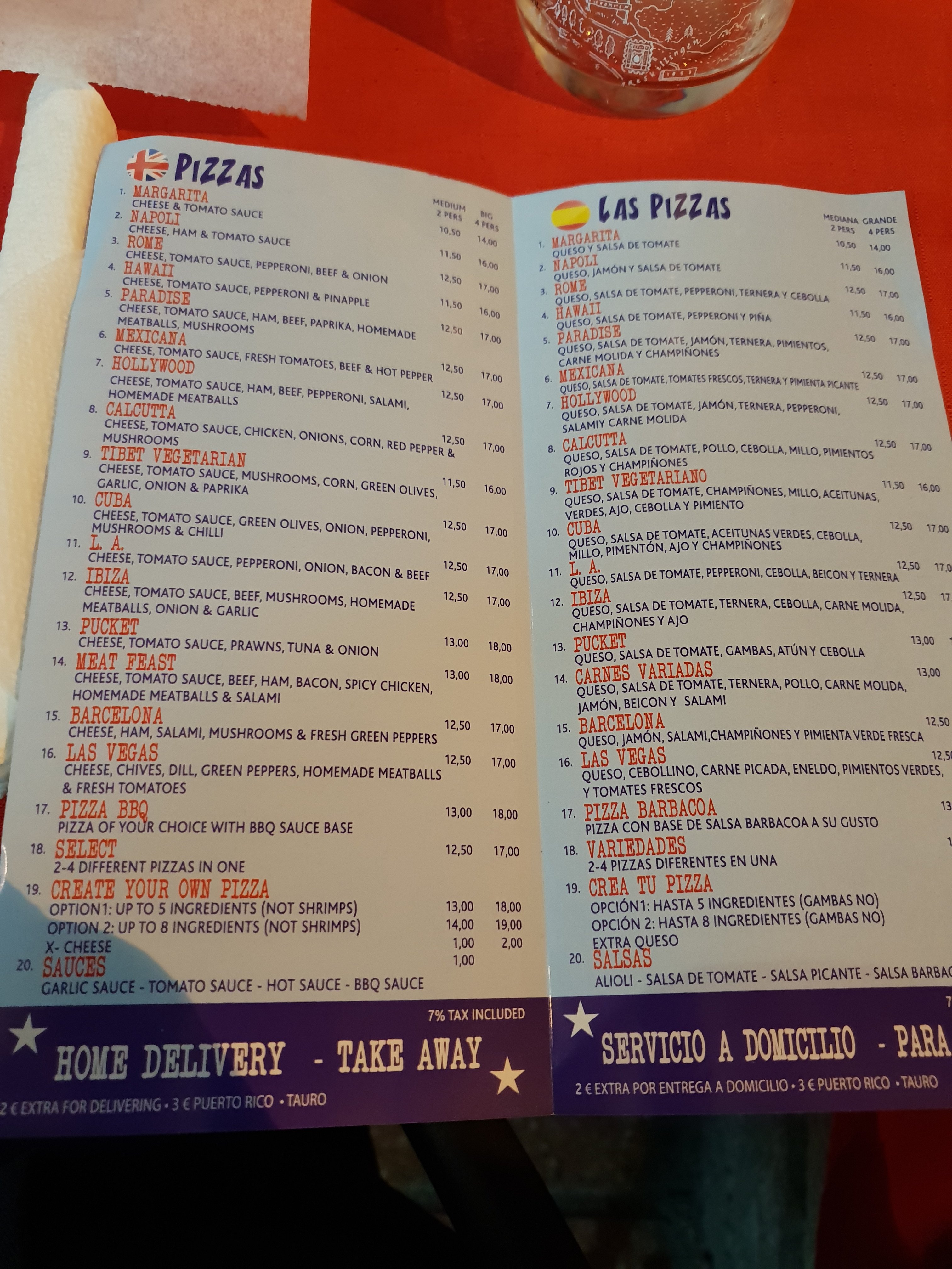 Paradise Pizza Menu