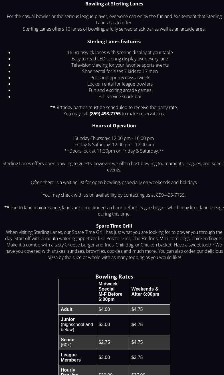 Sterling Lanes Menu