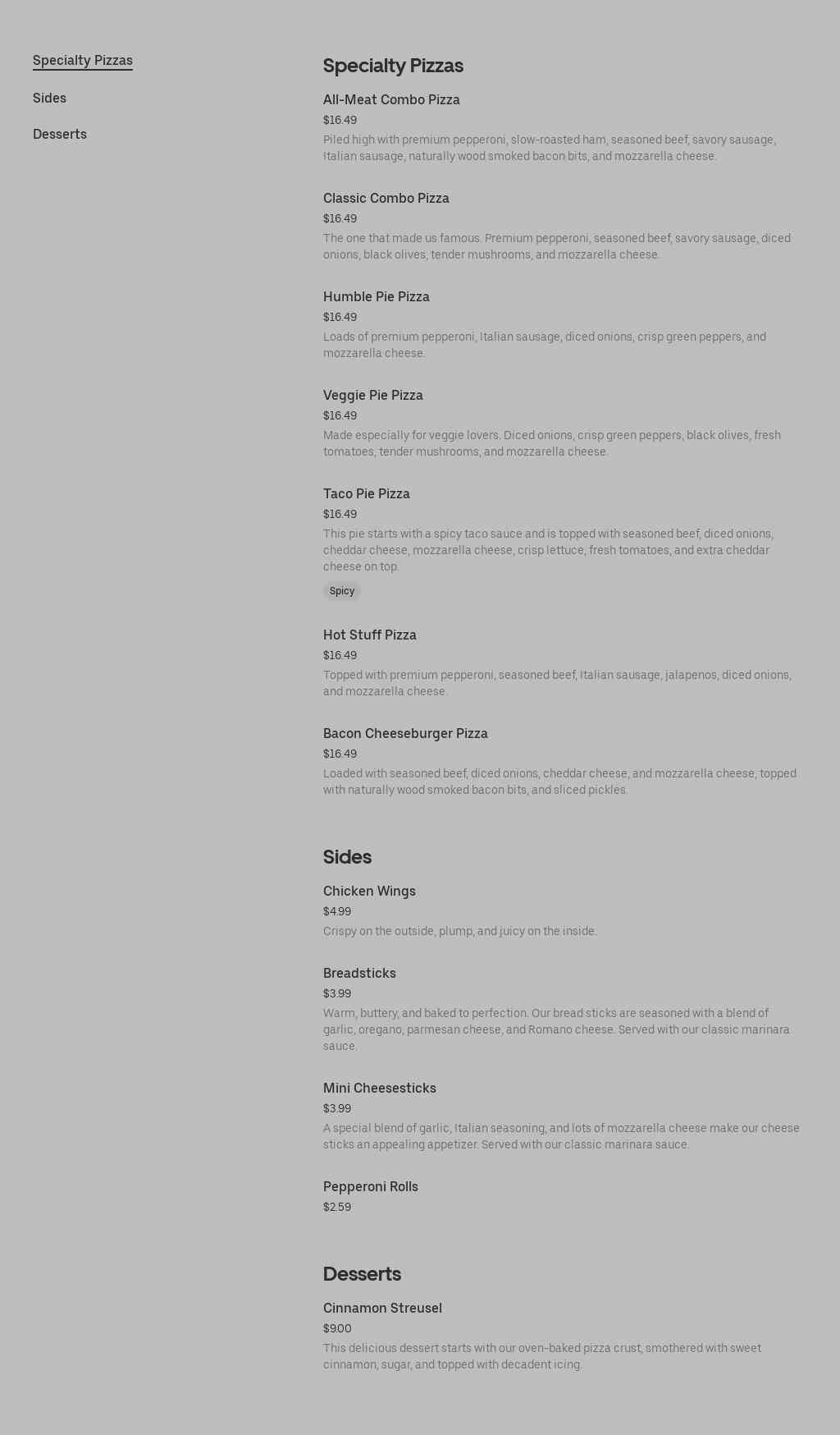 Hunt Brothers Pizza Menu