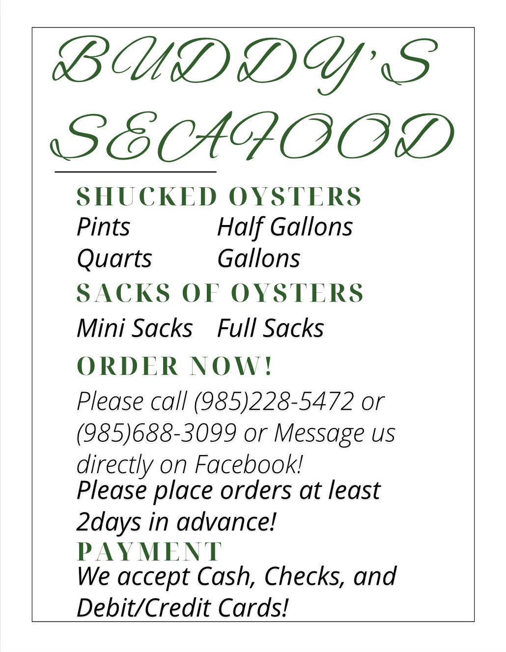 Buddy's Seafood Menu