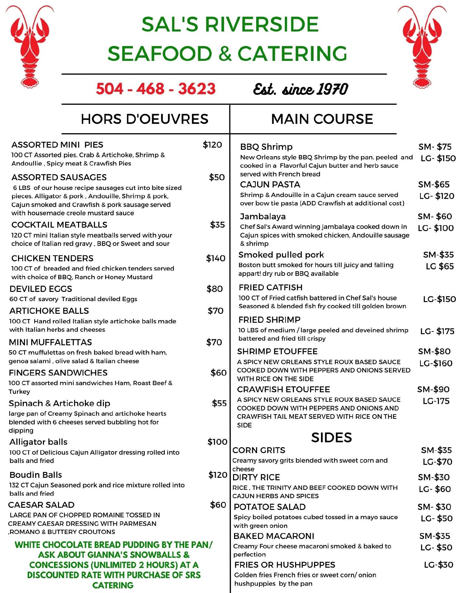 Sal's Riverside Seafood and Catering, LLC Menu