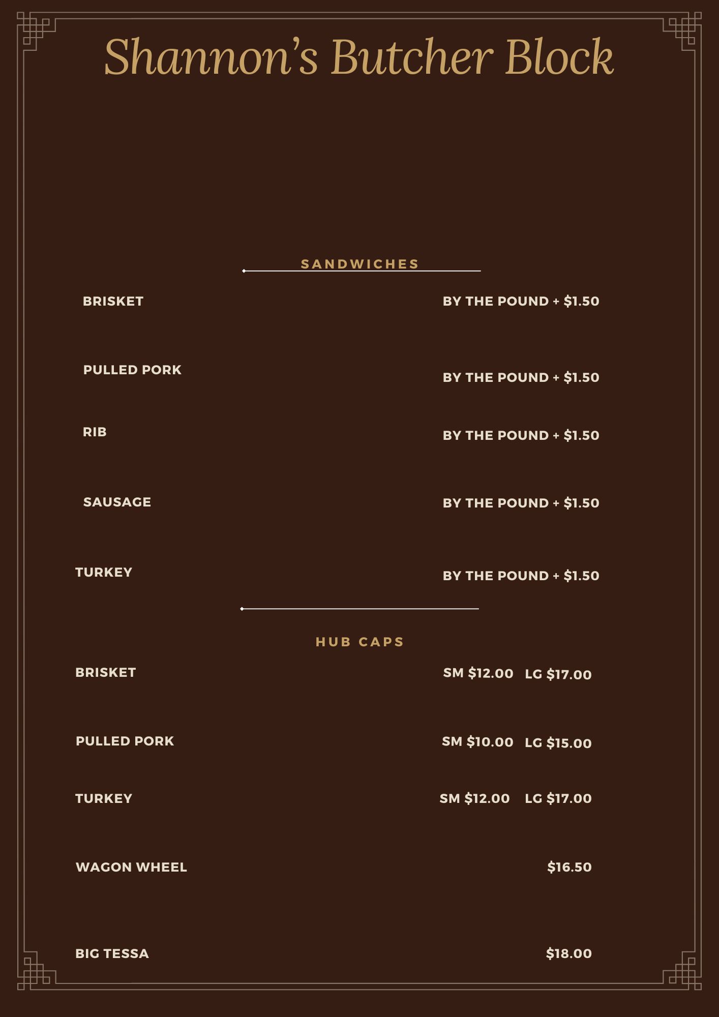 Shannon’s Butcher Block Menu