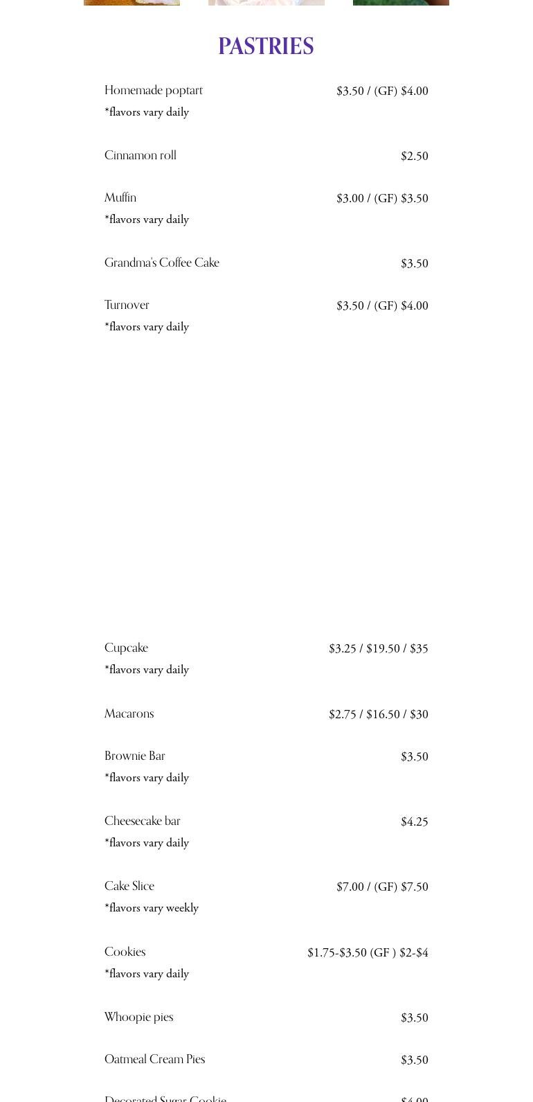 Sweetness and Honey Bakery Menu