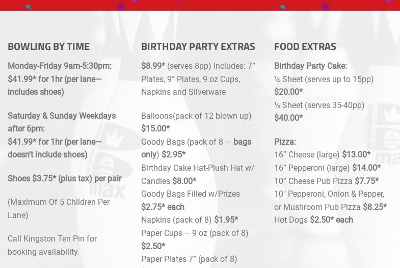 Kingston Ten Pin Menu