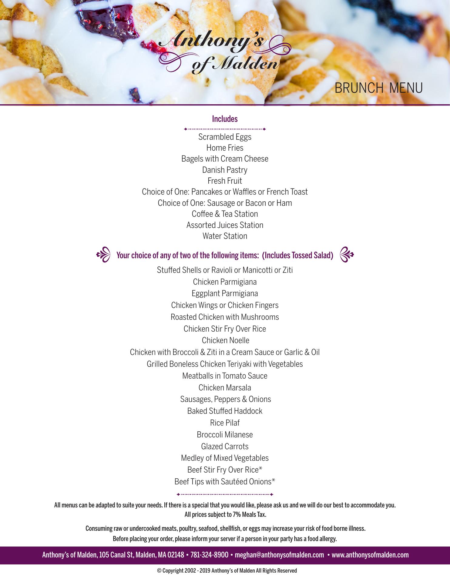 Anthony's Spadafora Caterers Menu