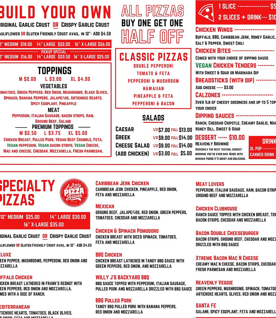 A Little Pizza Heaven Menu
