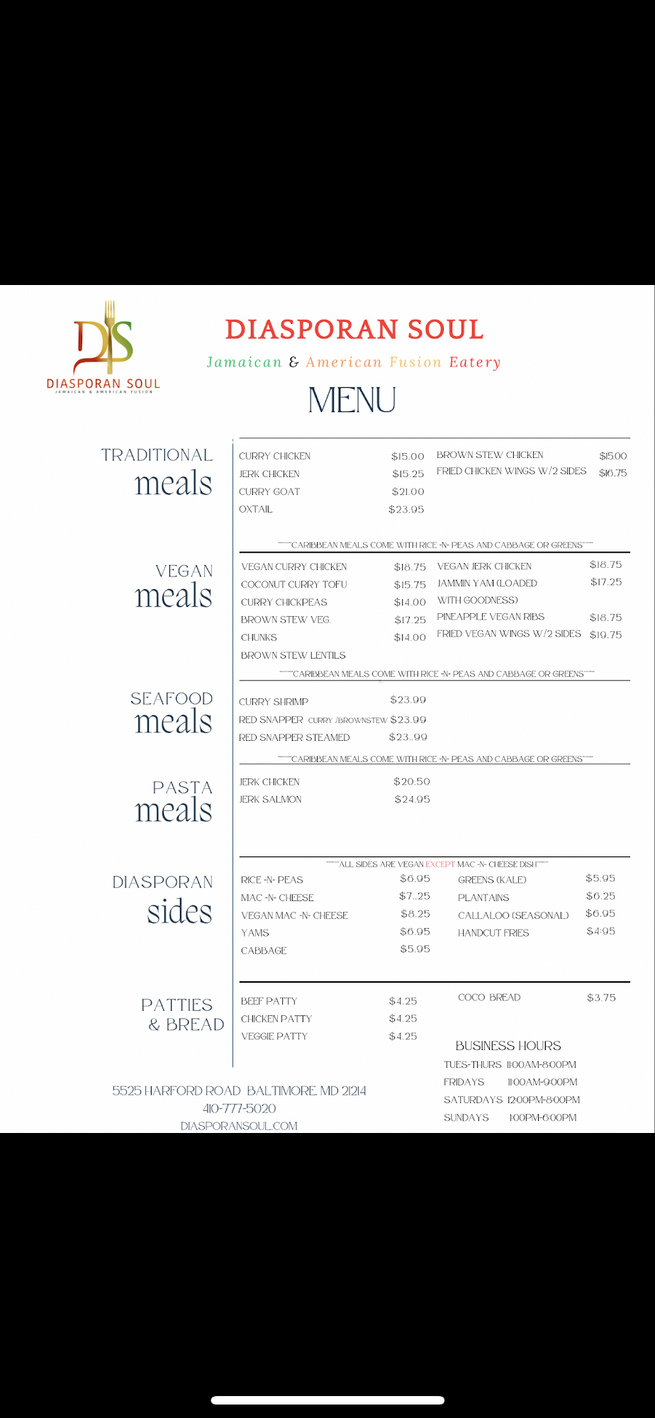 Diasporan Soul Jamaican & American Fusion Menu