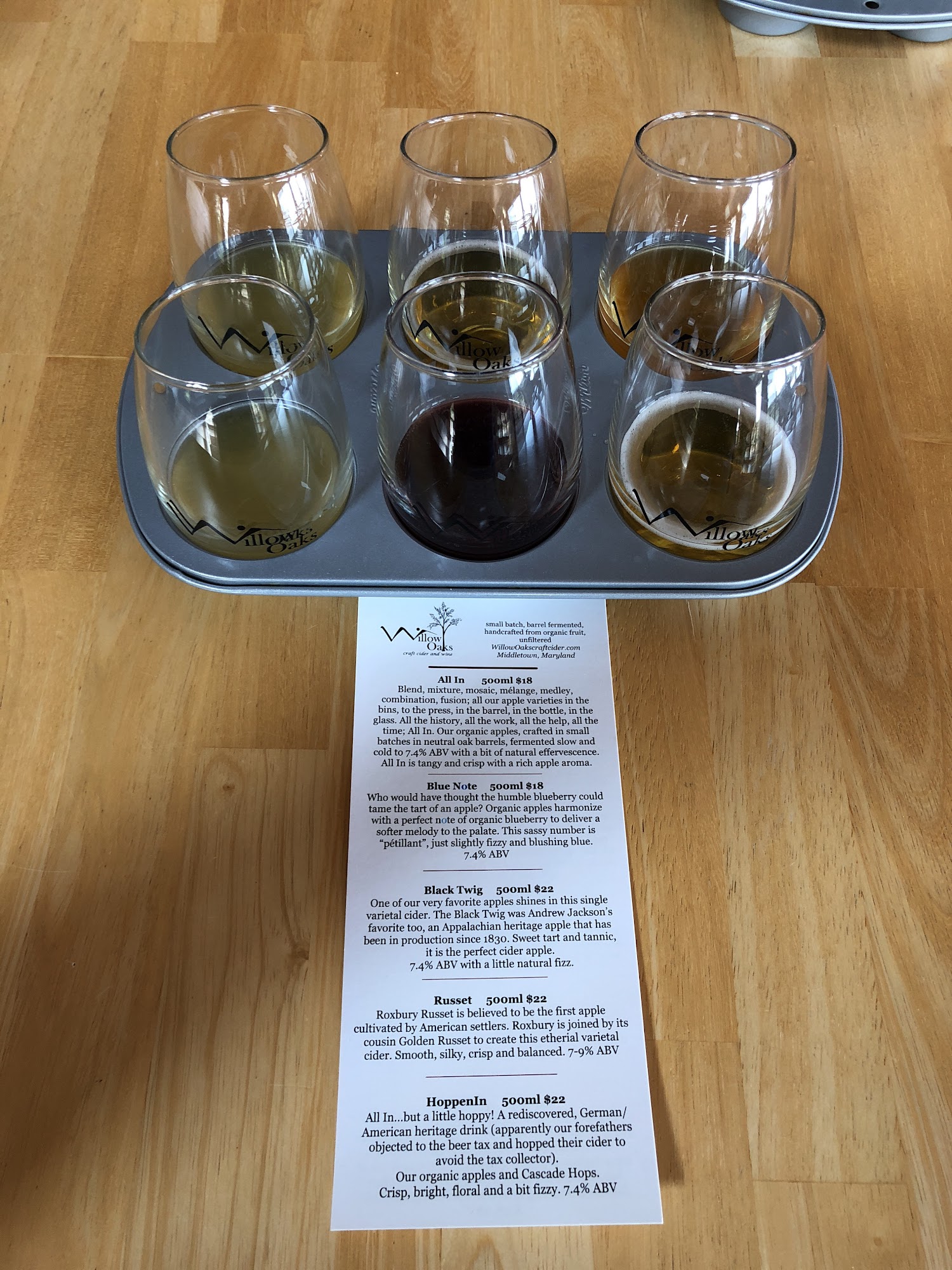 Willow Oaks Craft Cider and Wine Menu