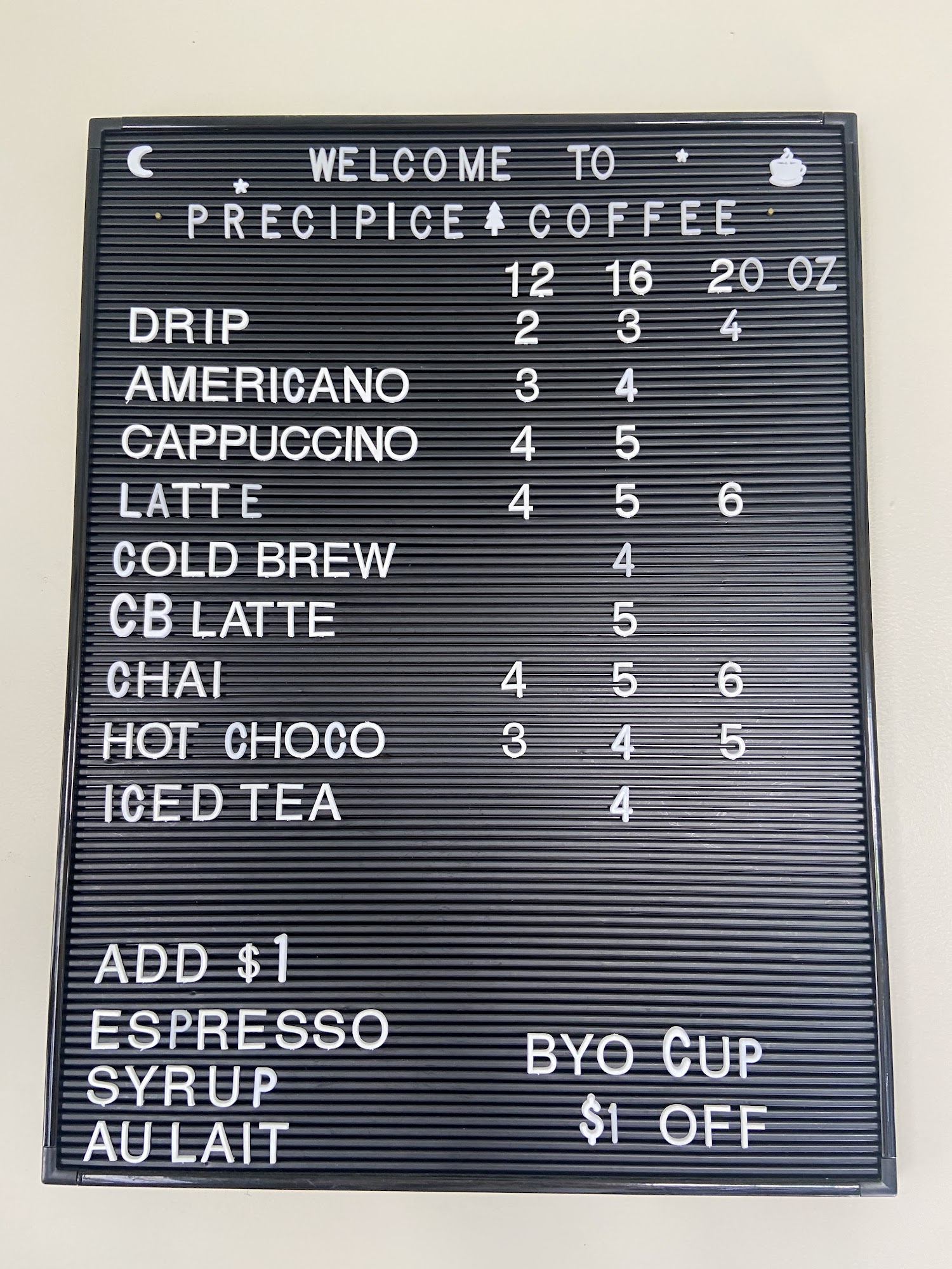 Precipice Coffee Menu