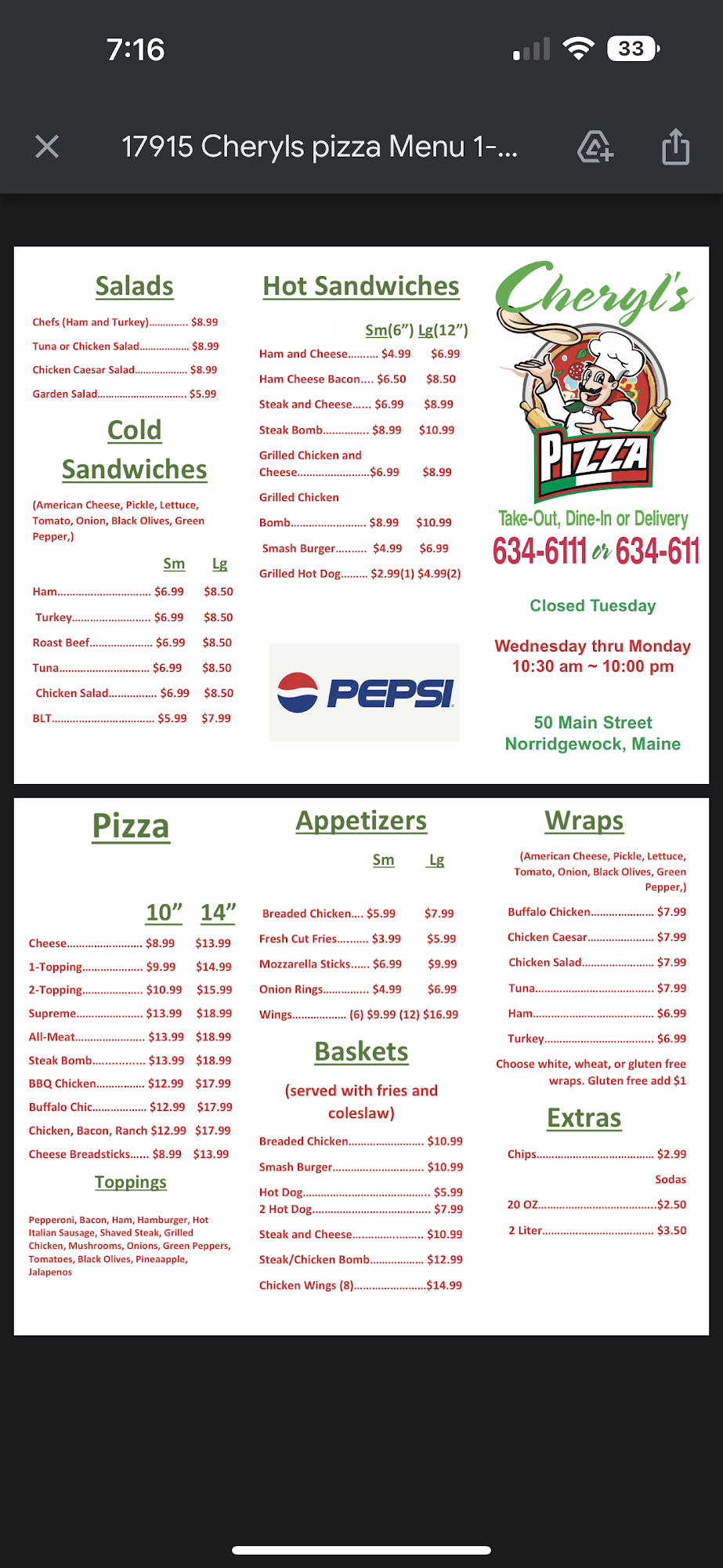 Cheryl’s Pizza Menu