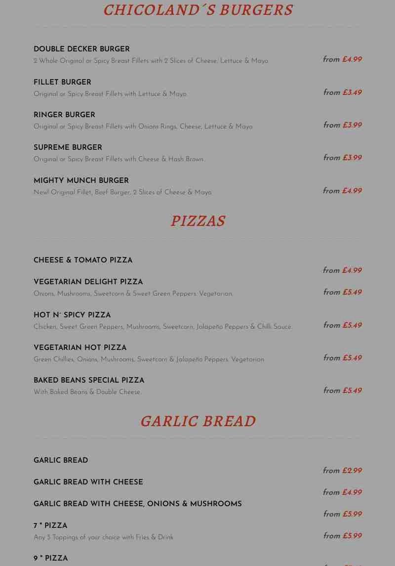 Chicoland Menu