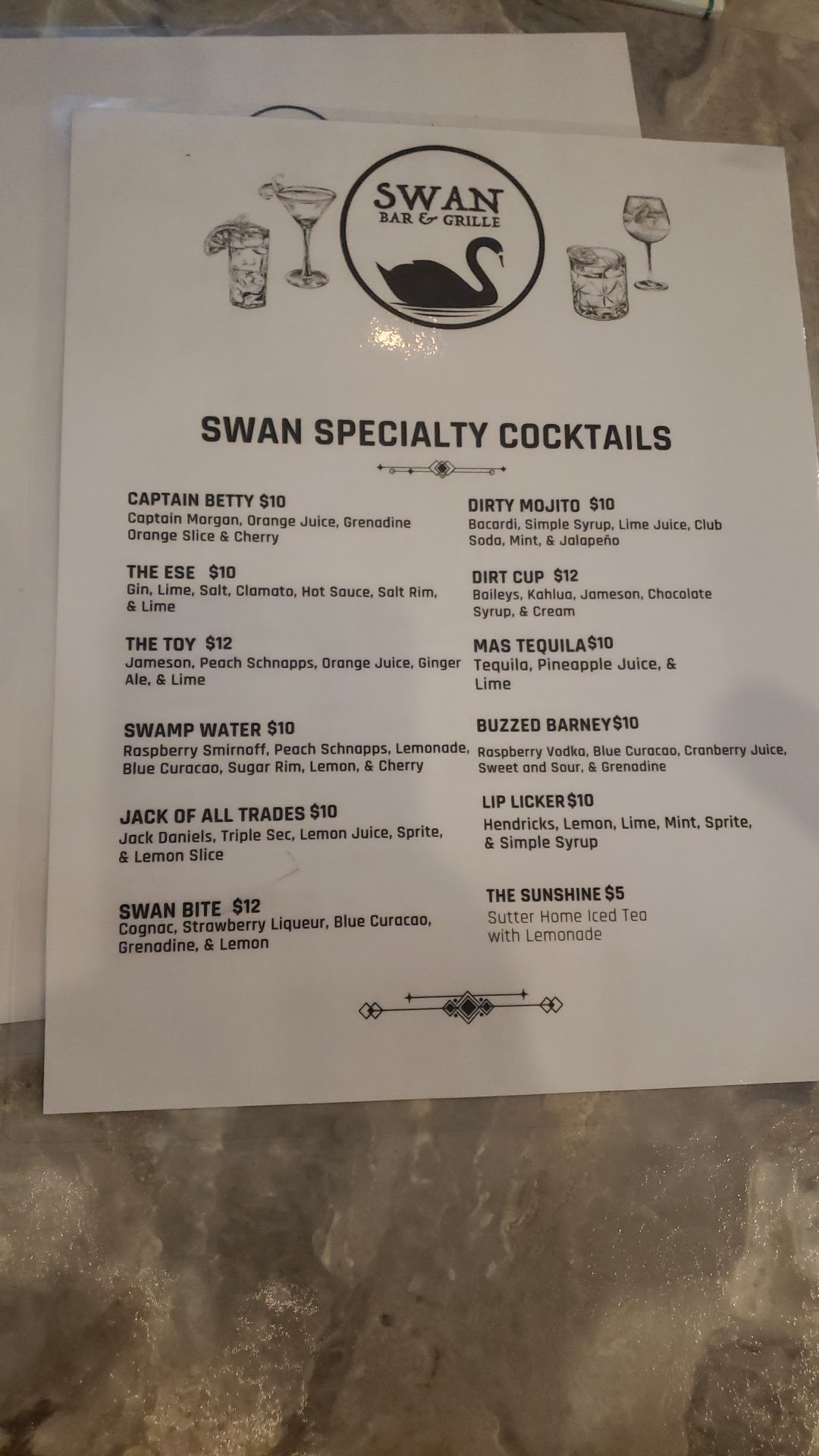 The Swan Bar and Grille Menu