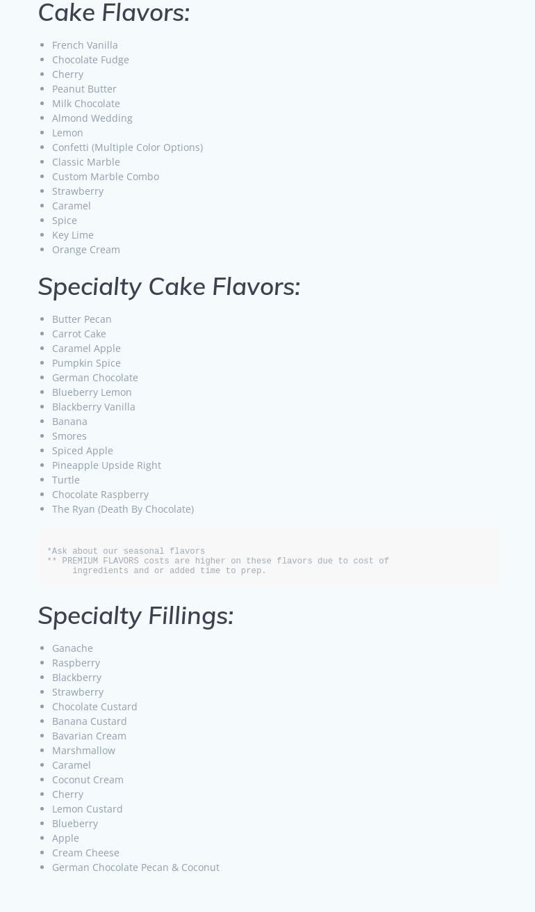 For Goodness Cakes LLC Menu