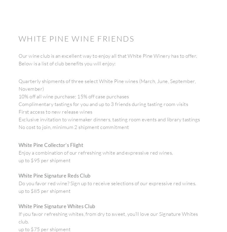 White Pine Winery Tasting Room Menu