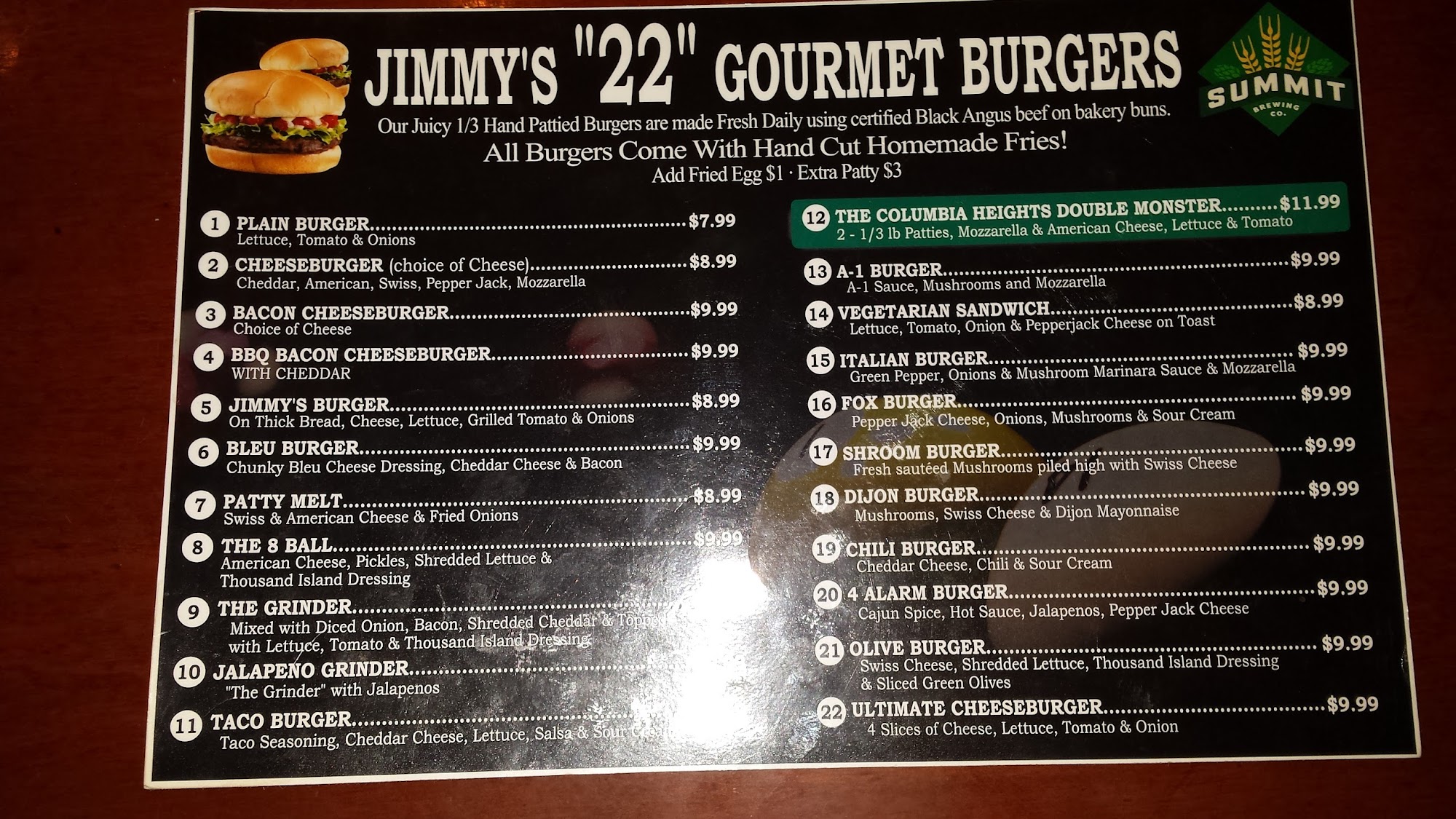 Jimmy's Pro Billiards Menu