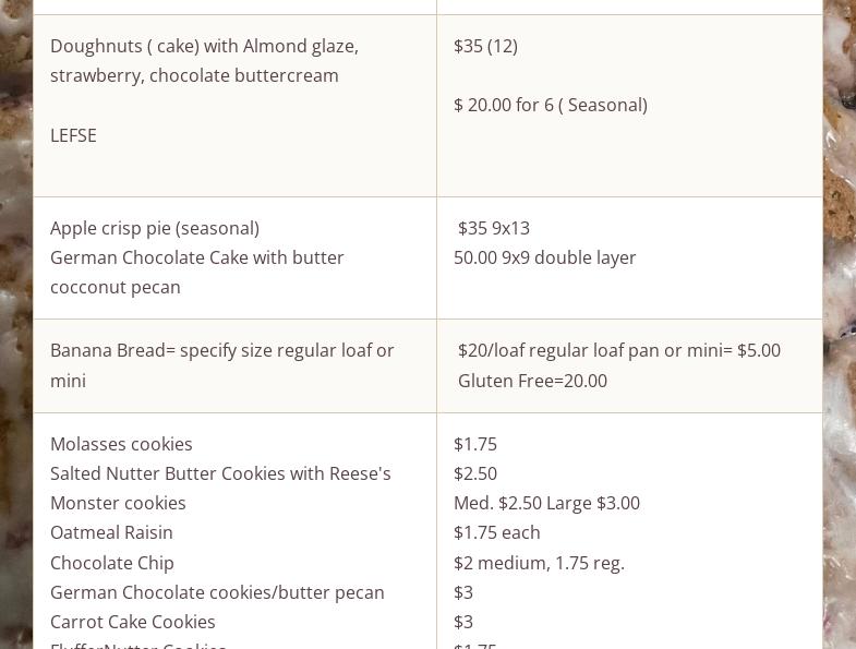 Sinnamon’s bakery Menu