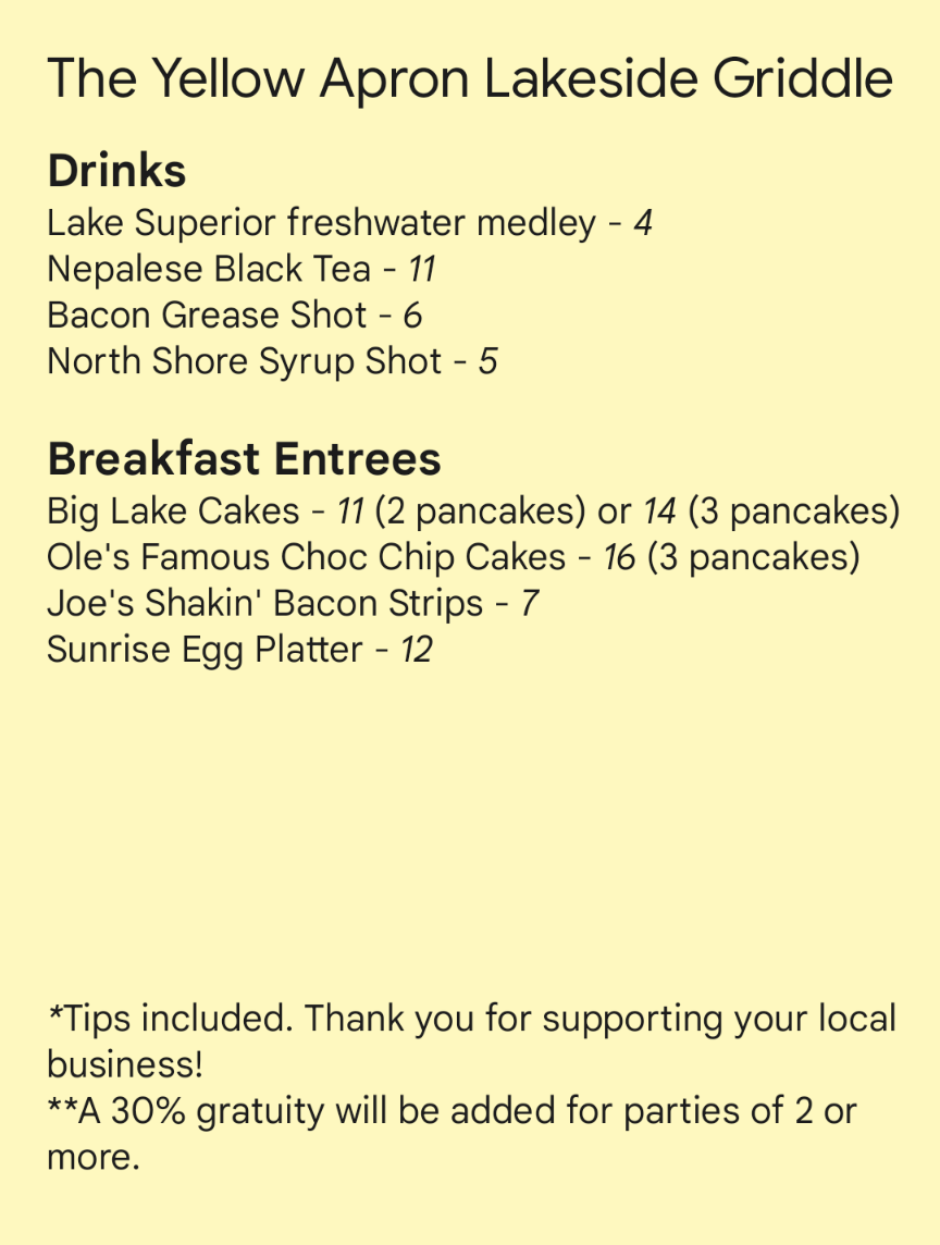 The Yellow Apron Lakeside Griddle Menu