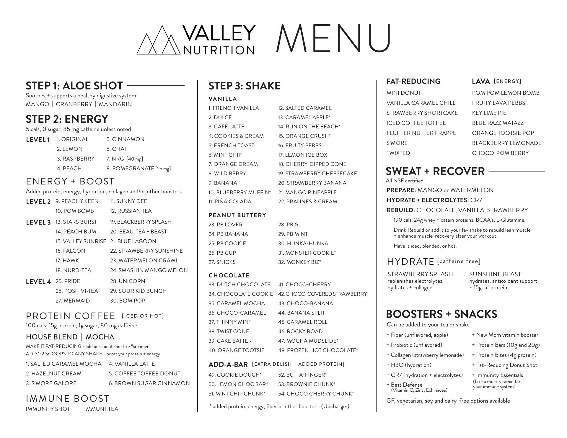 Valley Nutrition Menu