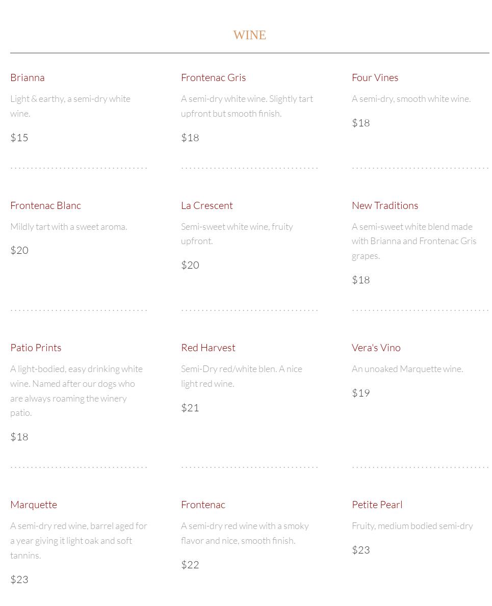 Javens Family Vineyard & Winery Menu