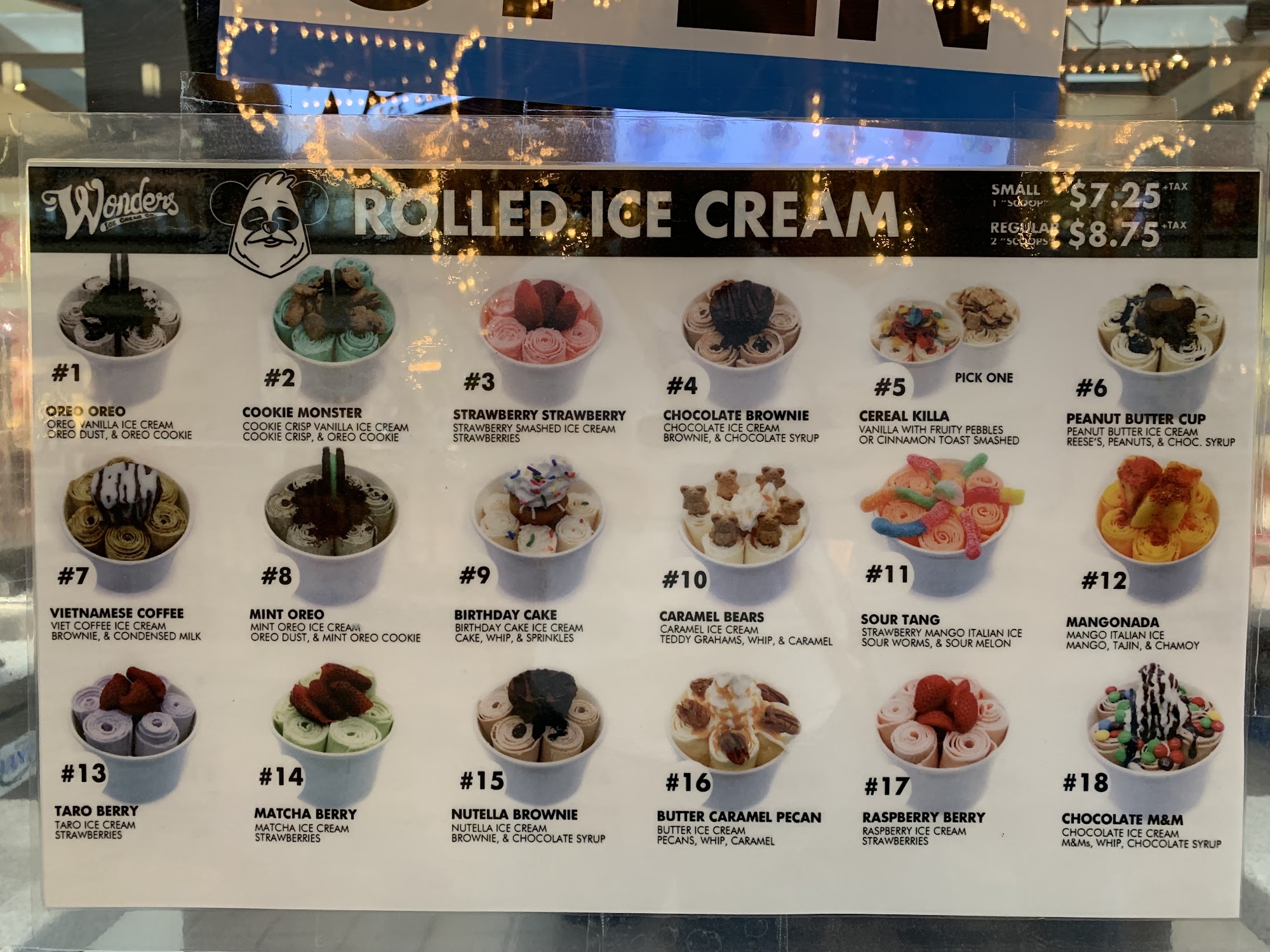 Wonder's Ice Cream Menu