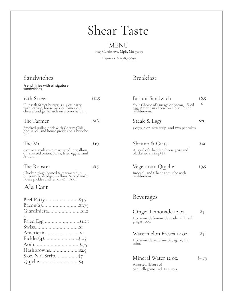 Shear Taste Menu