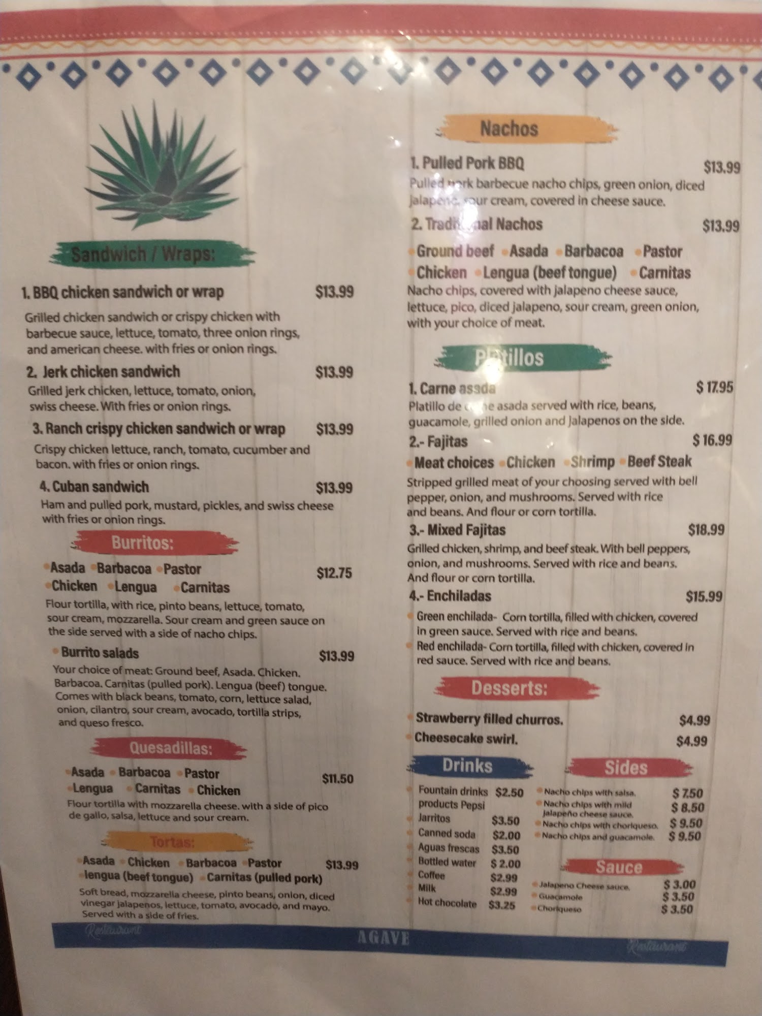Agave Tex Mex Restaurant Menu