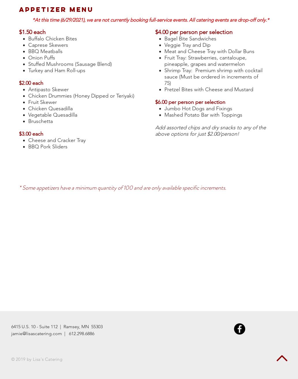 Lisa's Catering Menu