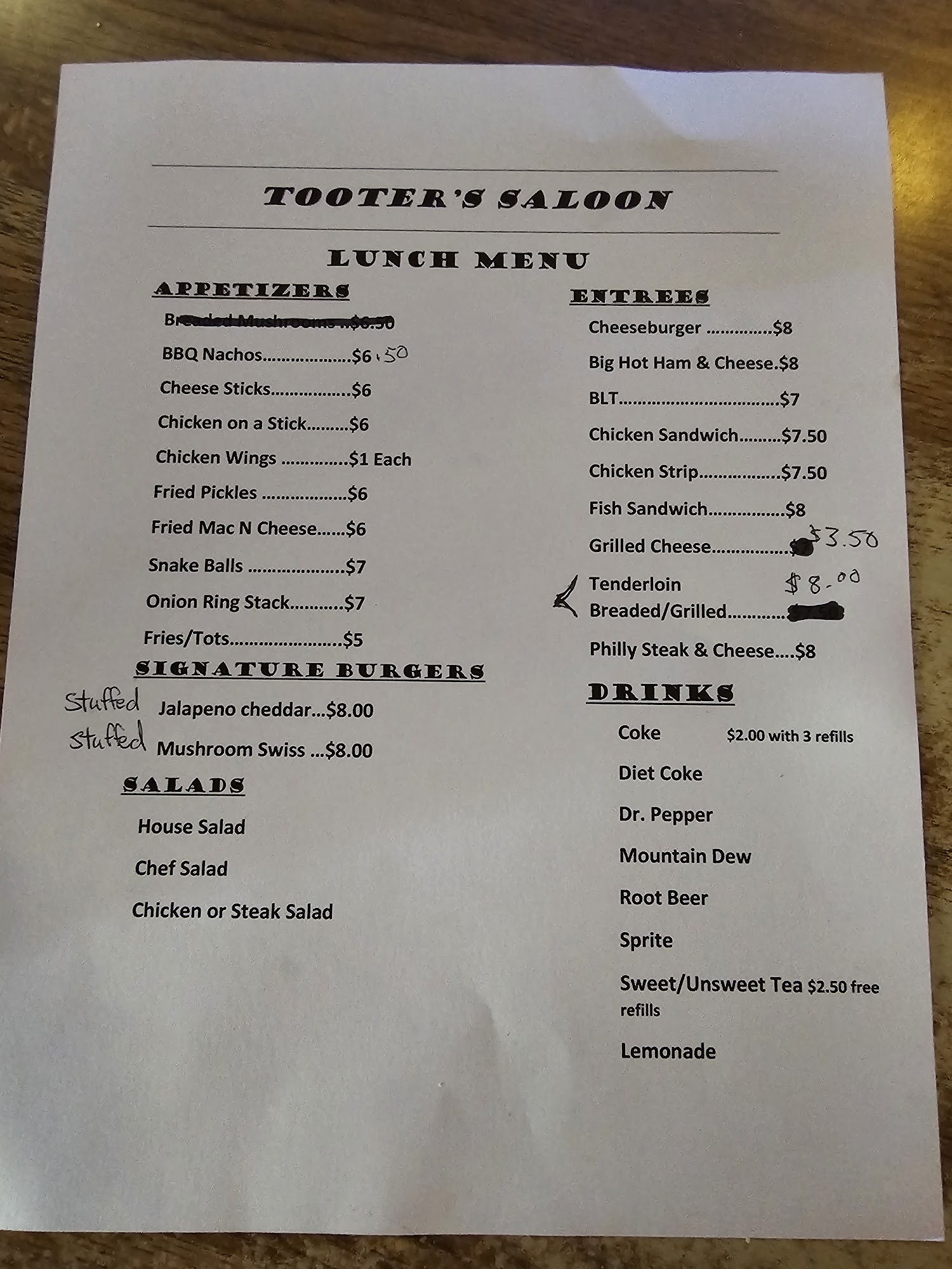 Tooters Saloon & Steakhouse Menu