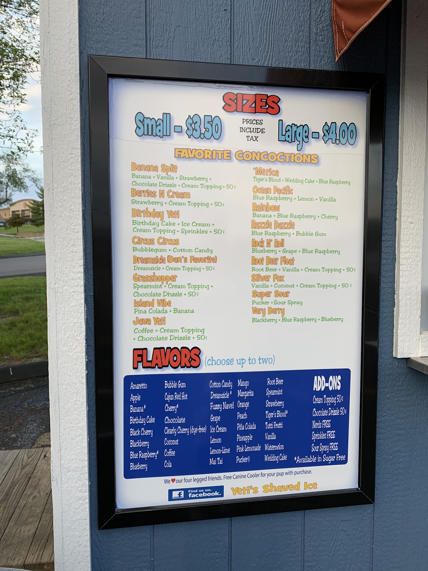 Yeti's Shaved Ice Menu